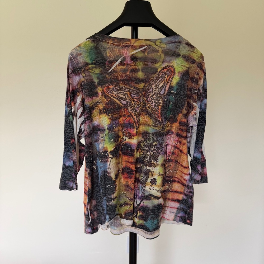 Boho Avenue Multi Color Butterfly Print Cold Shoulder 3/4 Sleeve Top 18/20 - Picture 3 of 8